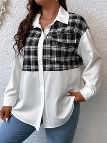 SHEIN LUNE Plus Plaid Print Drop Shoulder Shirt - Black and White - View 7