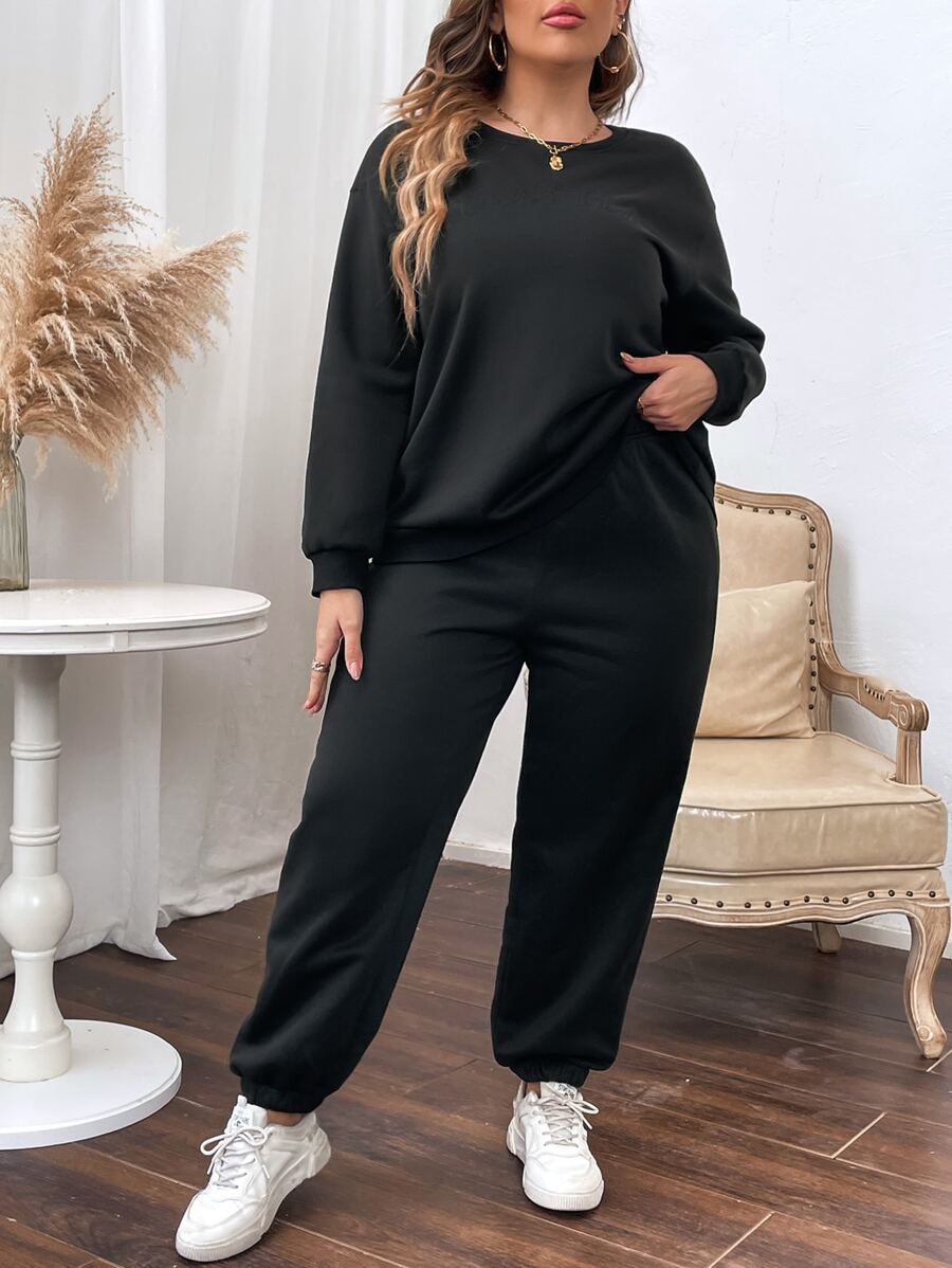 Calvaya Conjunto pantalones deportivos con pullover con bordado de letra - Negro - Ver 1