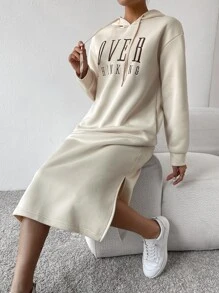 SHEIN Essnce Letter Graphic Split Hem Drawstring Hoodie Dress - Apricot - View 3