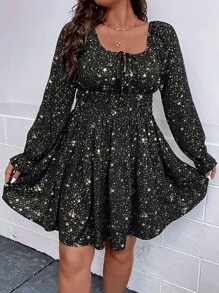 SHEIN Clasi Plus Galaxy Print Flounce Sleeve Dress