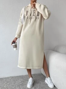SHEIN Essnce Letter Graphic Split Hem Drawstring Hoodie Dress - Apricot - View 5