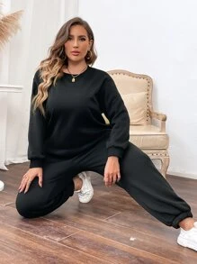 Calvaya Conjunto pantalones deportivos con pullover con bordado de letra - Negro - Ver 5