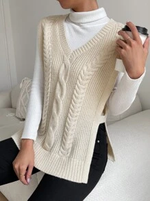 SHEIN EZwear Women's Spring Fashionable Apricot 1pc Cable Knit Split Hem Sweater Vest