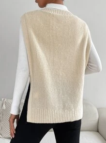 SHEIN EZwear Women's Spring Fashionable Apricot 1pc Cable Knit Split Hem Sweater Vest