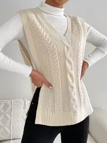 SHEIN EZwear Women's Spring Fashionable Apricot 1pc Cable Knit Split Hem Sweater Vest