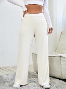 SHEIN PETITE High Waist Waffle Knit Straight Leg Trousers - Apricot - View 3