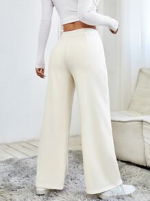 SHEIN PETITE High Waist Waffle Knit Straight Leg Trousers - Apricot - View 2