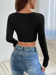 SHEIN PETITE Plunging Neck Wrap Crop Spring Women Top - Black - View 2