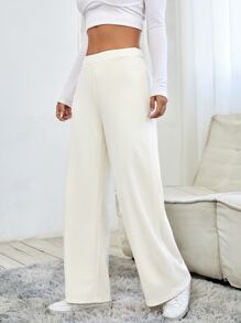 SHEIN PETITE High Waist Waffle Knit Straight Leg Trousers - Apricot - View 4