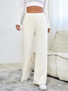 SHEIN PETITE High Waist Waffle Knit Straight Leg Trousers - Apricot - View 5