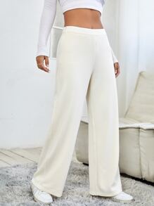 SHEIN PETITE High Waist Waffle Knit Straight Leg Trousers - Apricot - View 1