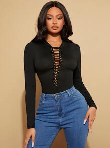 SHEIN SXY Cut Out Front Bodysuit - Black - View 2