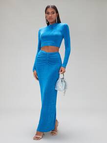 SHEIN BAE Mock Neck Crop Velvet Top & Ruched Skirt - Blue - View 1
