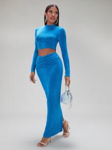 SHEIN BAE Mock Neck Crop Velvet Top & Ruched Skirt - Blue - View 5