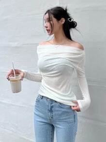 DAZY Off Shoulder Ruched Top - White - View 4