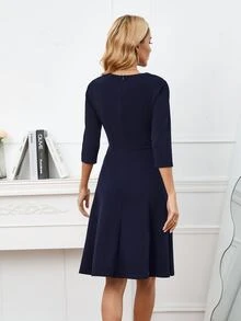 Guipure Lace Insert Keyhole Neck Dress - Navy Blue - View 2