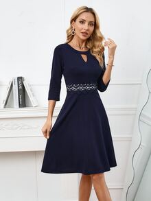 Guipure Lace Insert Keyhole Neck Dress - Navy Blue - View 3