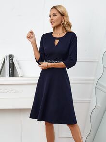 Guipure Lace Insert Keyhole Neck Dress - Navy Blue - View 5