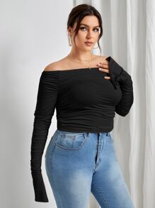 SHEIN Privé Áo thun Plus size Xù Chia màu trơn Giải trí - màu đen - Xem 3