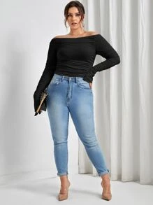 SHEIN Privé Áo thun Plus size Xù Chia màu trơn Giải trí - màu đen - Xem 4