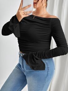 SHEIN Privé Áo thun Plus size Xù Chia màu trơn Giải trí - màu đen - Xem 5