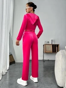 SHEIN EZwear Bộ đồ hai mảnh nữ Túi Dây kéo màu trơn Giải trí - Màu Hồng Tươi - Xem 2