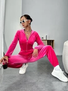 SHEIN EZwear Bộ đồ hai mảnh nữ Túi Dây kéo màu trơn Giải trí - Màu Hồng Tươi - Xem 5