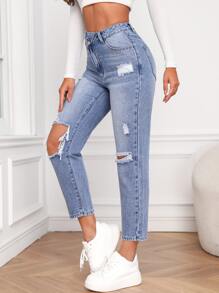 SHEIN Essnce Jeans ajustados mom desgarro de talle alto - Lavado ligero - Ver 3