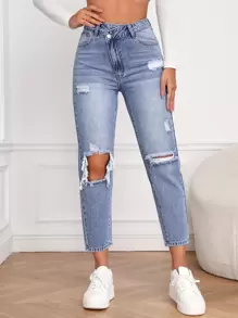 SHEIN Essnce Jeans ajustados mom desgarro de talle alto - Lavado ligero - Ver 1