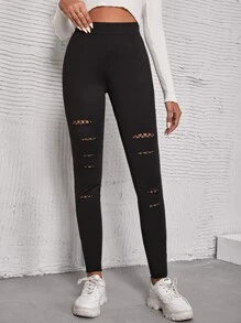SHEIN Essnce High Waist Ripped Leggings - Black - View 1