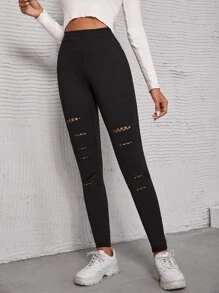 SHEIN Essnce High Waist Ripped Leggings - Black - View 3