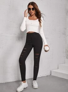 SHEIN Essnce High Waist Ripped Leggings - Black - View 4