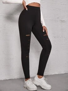 SHEIN Essnce High Waist Ripped Leggings - Black - View 5