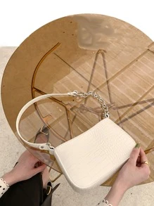 Crocodile Embossed Chain Decor Square Bag - Beige - View 7