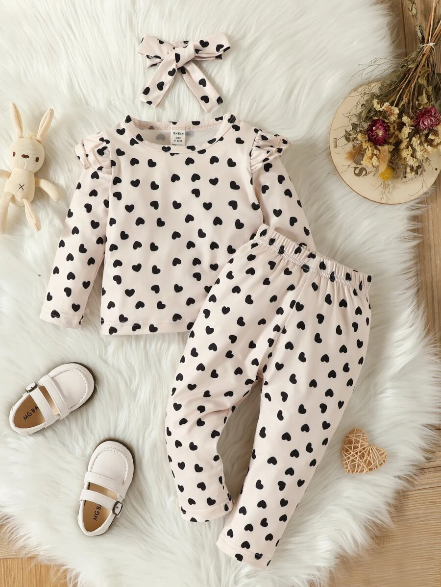 Bebé Pantalones con camiseta con estampado de corazón ribete con fruncido con banda cabeza - Caqui - Ver 1