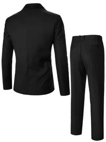 Manfinity Mode Men Shawl Collar Double Button Blazer & Suit Trousers - Black - View 2