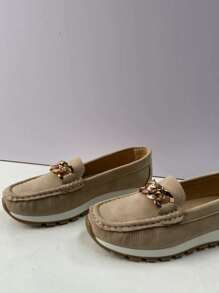 Women Chain Decor Stitch Detail Flat Loafers Breathable Flats - Khaki - View 6