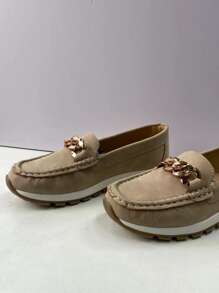 Women Chain Decor Stitch Detail Flat Loafers Breathable Flats - Khaki - View 7