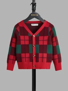 SHEIN Toddler Boys Plaid Pattern Cardigan - Multicolor - View 1