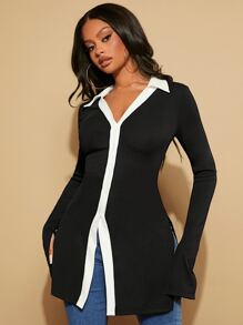 SHEIN SXY 拼接邊開衩袖和下擺前排扣T恤 - 黑色 - 查看 1