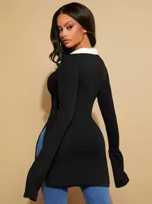 SHEIN SXY 拼接邊開衩袖和下擺前排扣T恤 - 黑色 - 查看 3