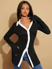 SHEIN SXY 拼接邊開衩袖和下擺前排扣T恤 - 黑色 - 查看 4