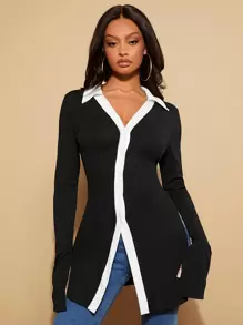 SHEIN SXY 拼接邊開衩袖和下擺前排扣T恤 - 黑色 - 查看 2