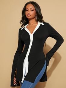 SHEIN SXY 拼接邊開衩袖和下擺前排扣T恤 - 黑色 - 查看 5