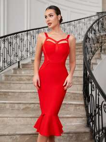 Mermaid Hem Bustier Cami Dress - Red - View 4