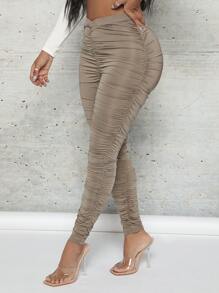 SHEIN SXY Quần tất nữ Bất đối xứng Xù màu trơn Giải trí - Màu Khaki - Xem 5