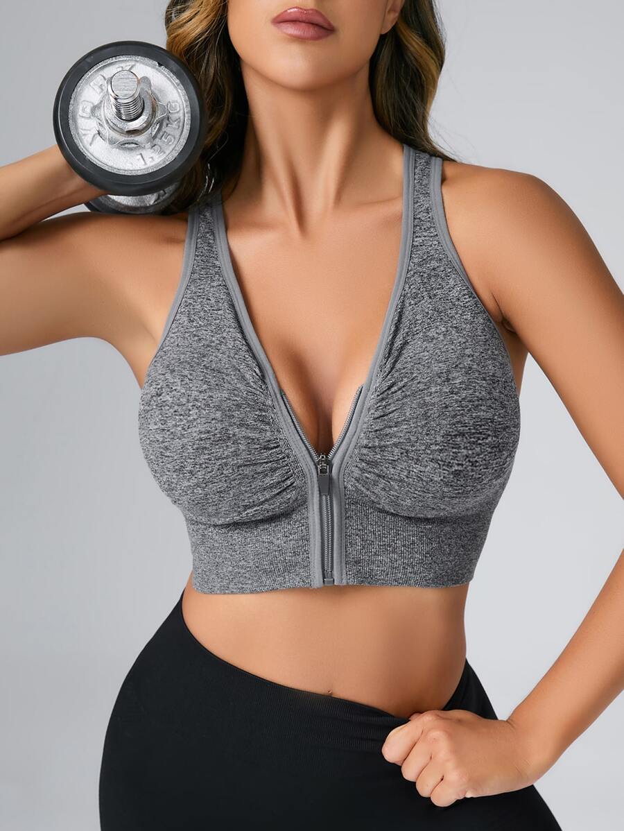 Easithlete Cut Out Back Ruched Zip Up Sports Bra - Grey - View 1