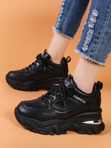 Letter Graphic Lace-up Front Wedge Sneakers - Black - View 2