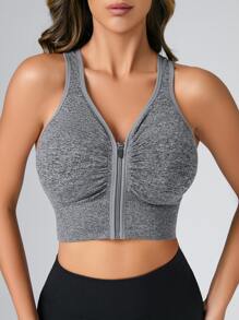 Easithlete Cut Out Back Ruched Zip Up Sports Bra - Grey - View 3