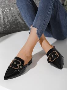 Eyelet & Buckle Decor Point Toe Flat Mules - Black - View 4